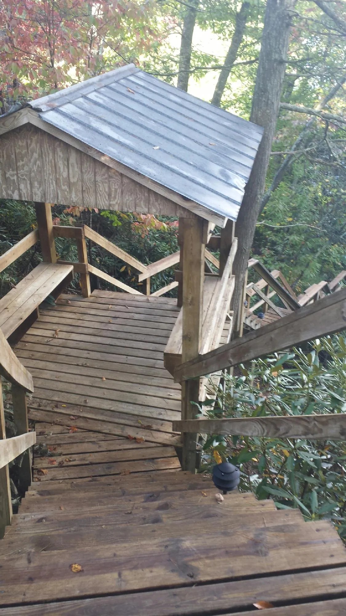 Metal roofed shelter over wooden steps on a wooded walkway — Skylight Repair & Installation work by our crew in Pocahontas